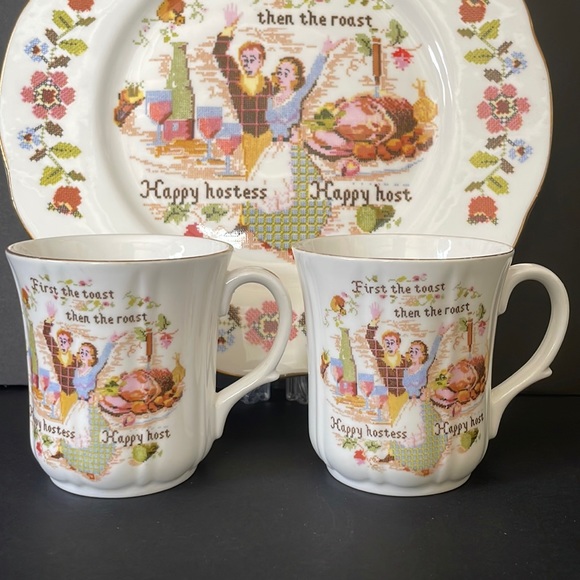 Bone China Happy Hostess Set Serving Platter 2 Coffee Mugs Plate Tea Cup Vintage - Picture 2 of 14